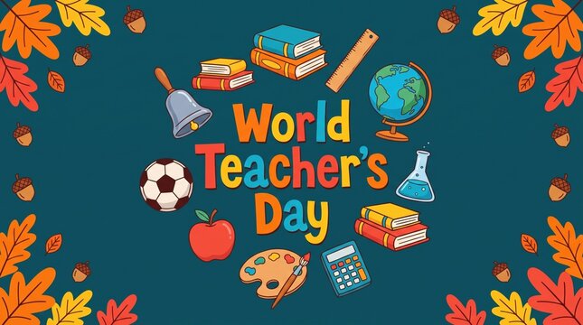 Colorful banner with autumn leaf border and school icons around the text &ldquo;World Teacher&rsquo;s Day&rdquo;: globe, books, ruler, bell, soccer ball, apple, palette, calculator, flask