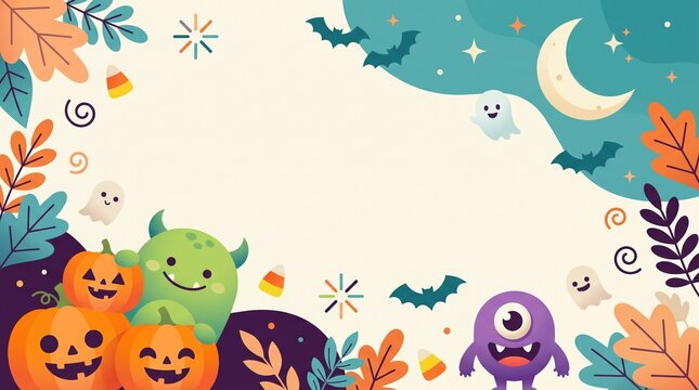Cute Halloween border with smiling pumpkin lanterns, candy corn, ghosts, bats, crescent moon, stars, and friendly monsters around a blank center. No text