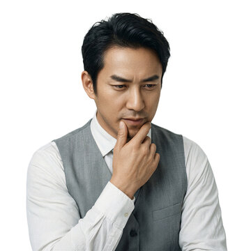 Investor portrait man professional isolated 44 year old East Asian male wearing grey vest on a transparent background for business projects