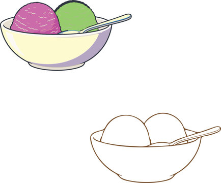 Colorful ice cream scoops in a bowl with a matching line art sketch illustration
