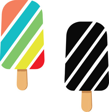 Colorful striped popsicle and black silhouette icon set on white background