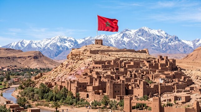 Moroccan flag waving above an ancient kasbah made of red clay with snow-capped Atlas Mountains in the background under a blue sky