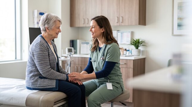 Senior woman sitting on exam table holds hands with smiling female nurse in uniform with stethoscope in bright clinic exam room, conveying support, empathy, and care