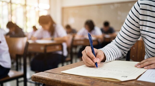 Student hand writing with blue pen on exam paper at classroom desk; other students blurred in background, studying during test. Striped long‑sleeve shirt visible