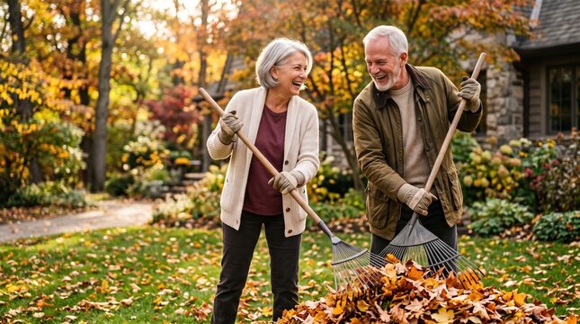 Smiling senior couple in gloves raking autumn leaves into a pile on a lawn near a house, warm fall sunlight, colorful trees, outdoor yard work, teamwork