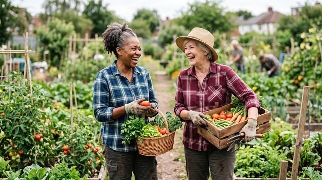 Two women gardeners laugh while harvesting vegetables in an allotment, holding baskets of carrots and greens, wearing plaid shirts and gloves among lush rows