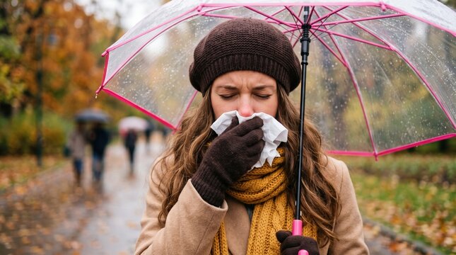 Young woman in knit hat and gloves holds a transparent umbrella and wipes her nose with a tissue on a rainy autumn path, suggesting cold or allergies outdoors