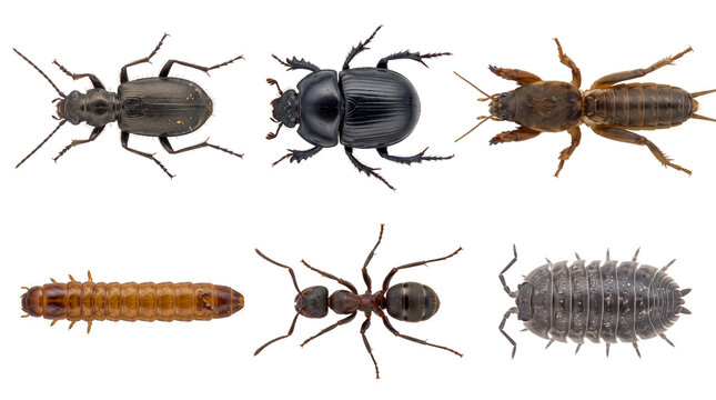 Collection of various insects and bugs including ground beetle, dung beetle, mole cricket, wireworm larva, ant, and woodlouse isolated on a clean transparent background