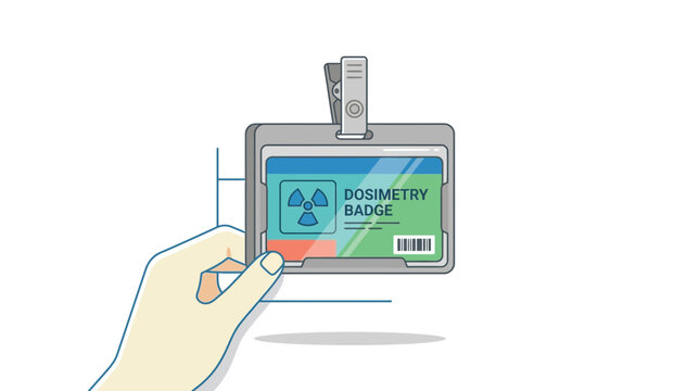 Hand holding a dosimetry badge with radiation symbol, transparent background