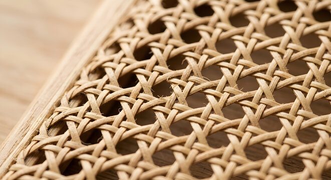 Woven cane webbing texture close up