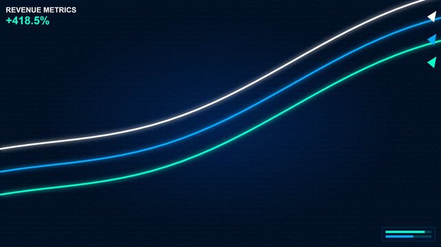 Futuristic blue data visualization displaying massive corporate revenue growth metrics.