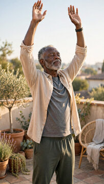 Senior black man performing gentle breathwork and arm stretches on a sunlit balcony during morning hours