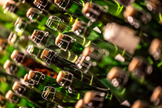 self-bottled Prosecco bottles in the wine cellar