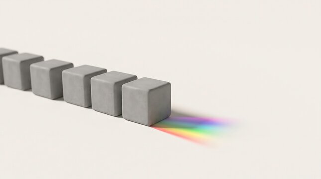 Concrete cubes stand in a row with one block casting a vibrant rainbow shadow to represent creativity.
