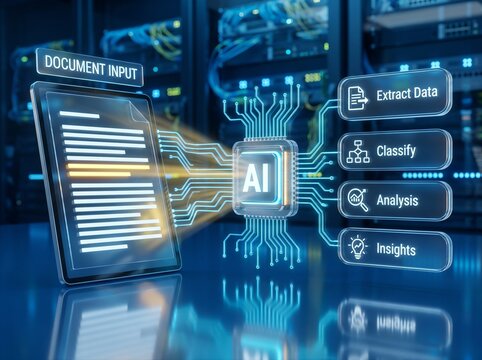 Artificial intelligence processor automating digital document input and data extraction in server room for enterprise software and business analytics background