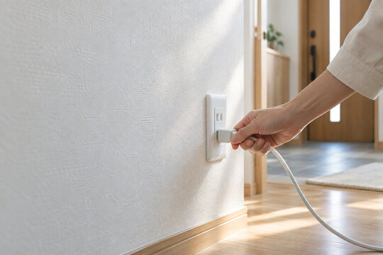 Hand unplugging an electrical plug from a wall outlet at home