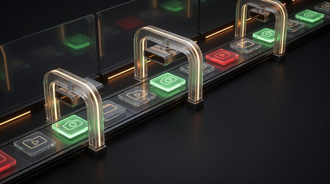 Futuristic digital media conveyor belt processing glass photo and video icons with neon lights automated content moderation and ai data stream concept