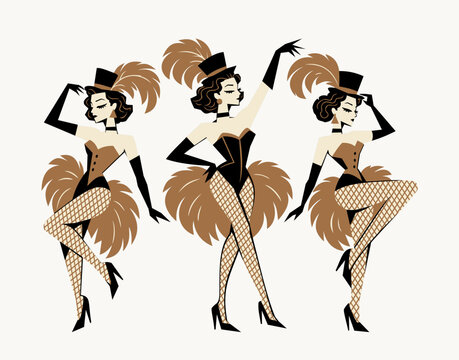 Retro cabaret dancers vector set. Three stylized cartoon showgirls performing in vintage burlesque costumes with feathers and top hats.