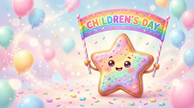 Cute star shaped cookie character celebrating International Childrens Day with balloons and rainbow banner.