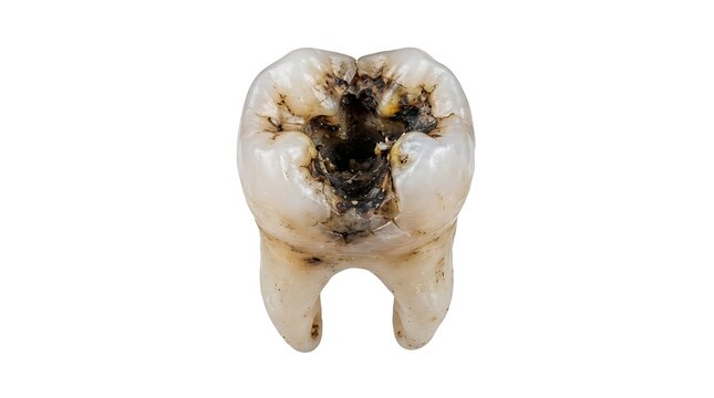 Human molar tooth with severe decay isolated on white background