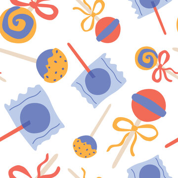 Seamless pattern with sweet lollipops, popsicles and glazed treats vector illustration