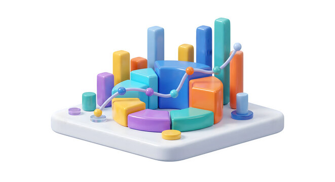 3D business analytics infographic with circular pie charts and ascending bar graphs