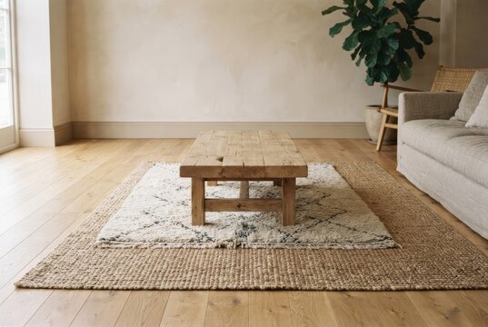 Layered rugs and low timber table