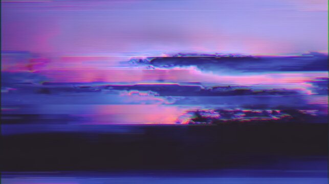 purple and magenta sunset landscape glitch overlay, retro synthwave vhs tracking distortion, corrupted digital horizon background
