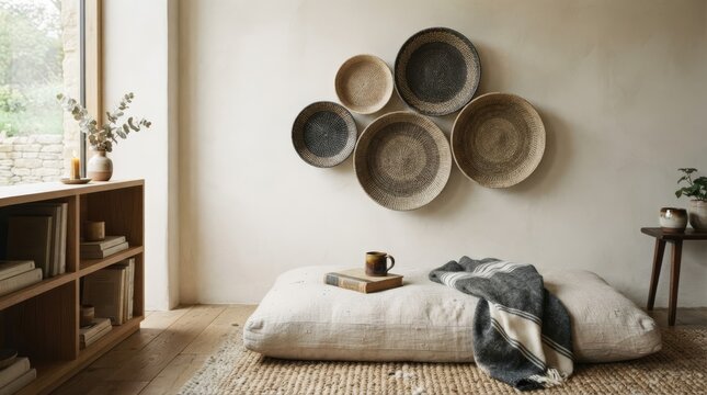 Basketry display in reading nook
