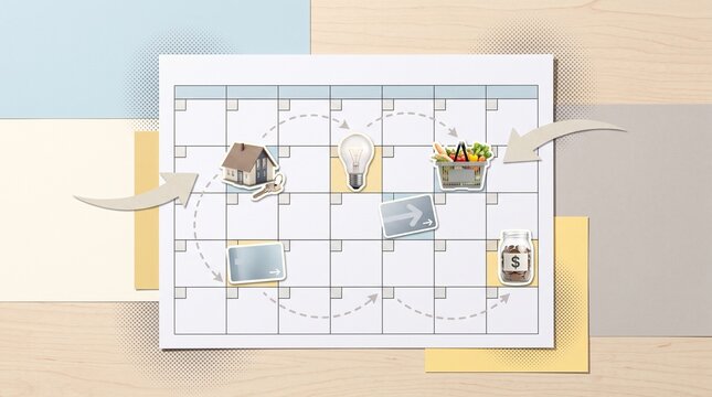 Monthly budget planner calendar with reminders for rent, utilities, groceries, transport and savings, personal finance management and recurring bills concept