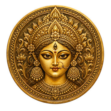 Antique golden goddess durga medallion with third eye crown lotus and border durga puja and isolated on a transparent background