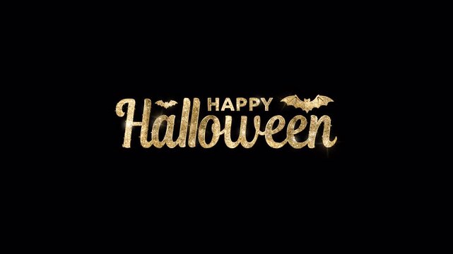 animation of a happy halloween. handwritten text animation in glitter shiny gold with flying bats. Great for Halloween party. Alpha channel. 4k