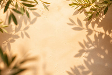 Fototapeta premium Sunlight filters through leaves casting dappled shadows onto a plain, warm-toned wall.