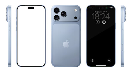 Fototapeta premium Photorealistic detailed New Apple iPhone 18 Pro Max Glacier mockup. Front, side and rear view on isolated on transparent background. Vector editorial illustration png