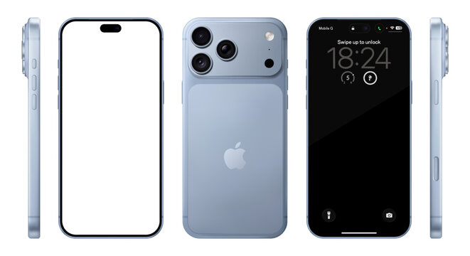 Photorealistic detailed New Apple iPhone 18 Pro Max Glacier mockup. Front, side and rear view on isolated on transparent background. Vector editorial illustration png