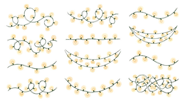 Watercolor fairy lights collection featuring glowing string bulbs with festive holiday illumination arranged in various decorative swirling patterns rendered on transparent background