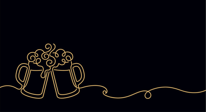 Continuous line art beer mugs toast with foamy head, gold Oktoberfest banner on dark background, elegant craft beer glass outline for pub menu, brewery logo and beer festival