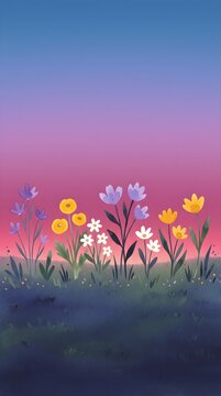 Minimalist Spring Meadow Illustration with Colorful Flowers and Soft Gradient Sky