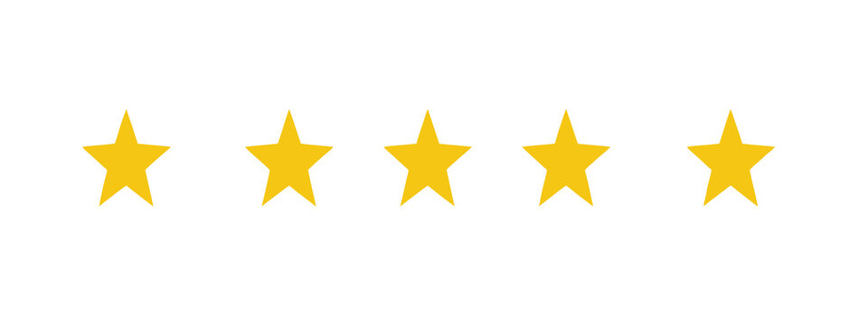 Five golden stars rating system symbol row representing excellent customer feedback quality.