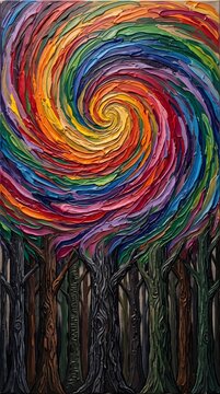 Vibrant Impasto Colorful Spiral Vortex Painting Over a Dark Forest