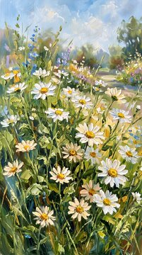 Lush White Daisy Wildflower Meadow in Full Bloom Under Bright Sunlight