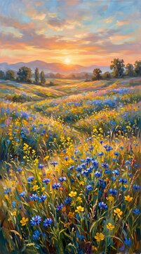 Scenic Sunset Landscape with Rolling Hills and Wildflowers in Warm Golden Light