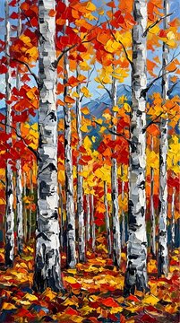 Vibrant Autumn Birch Forest Landscape with Bright Red and Orange Foliage