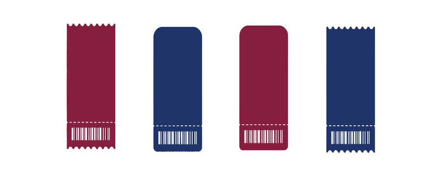 Four vertical event tickets with barcodes, two dark red and two dark blue, for admission and coupon use.