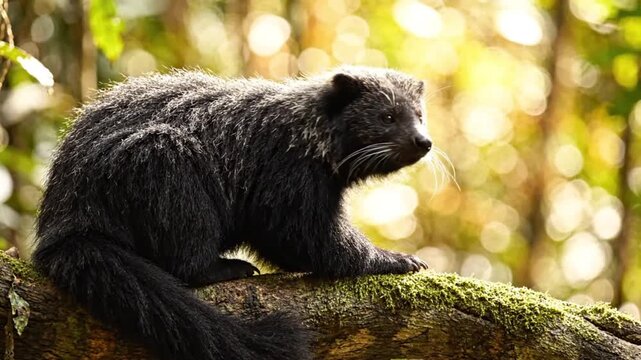Binturong on a Mossy Branch: A fluffy binturong, a bearcat known for its popcorn-like scent, rests on a thick, moss-covered tree branch in a sun-dappled forest, its bushy tail extending outwards.