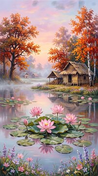 Misty River Landscape with Pink Water Lilies and a Small Rustic Cabin