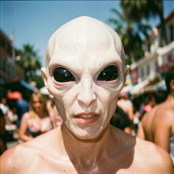 Bug-eyed white skin alien face portrait market background