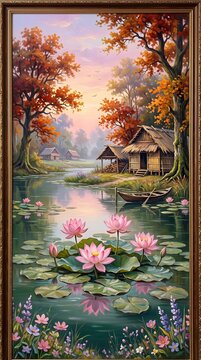 Framed Scenic River View with Pink Water Lilies, Small Rustic Hut, and Lush Trees