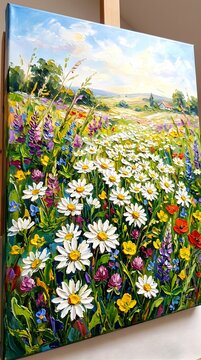 Textured Impasto Summer Wildflower Meadow Canvas Displayed on an Artist Easel