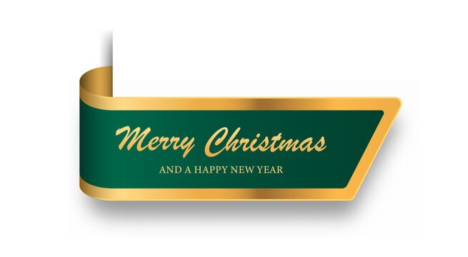 Green Christmas banner with curled end and New Year wishes.